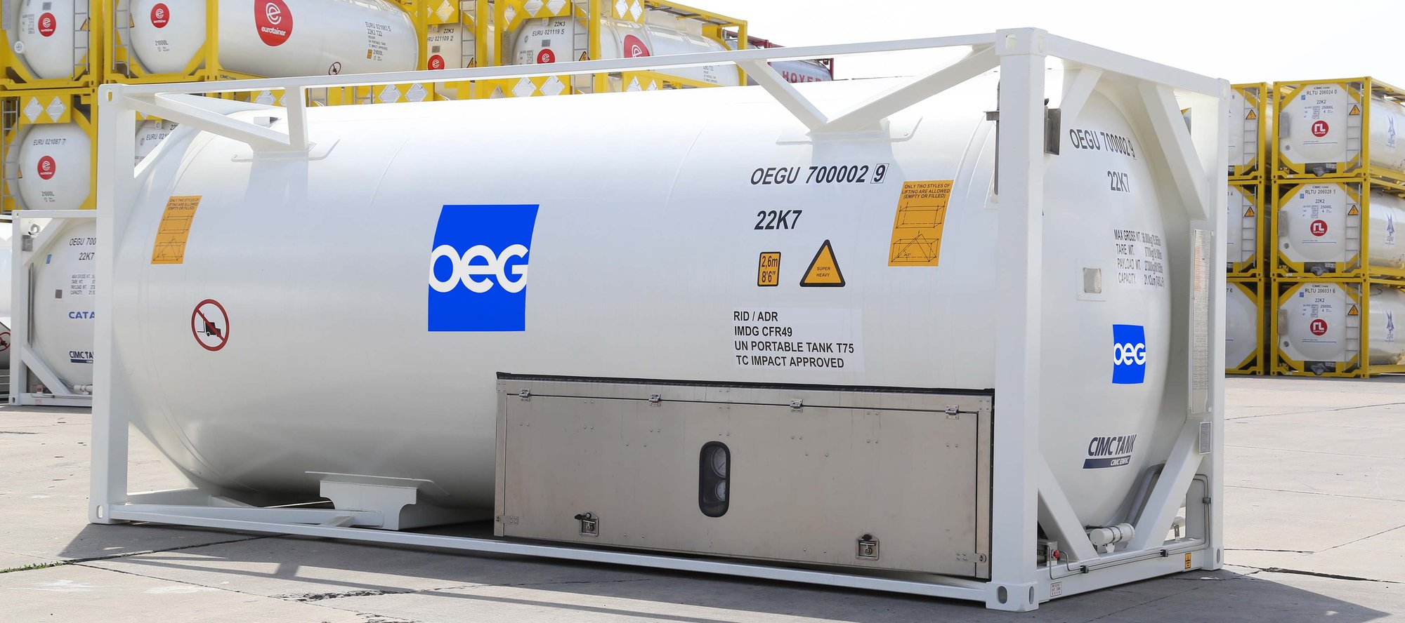 OEG cryogenic 20ft tank in workshop yard.