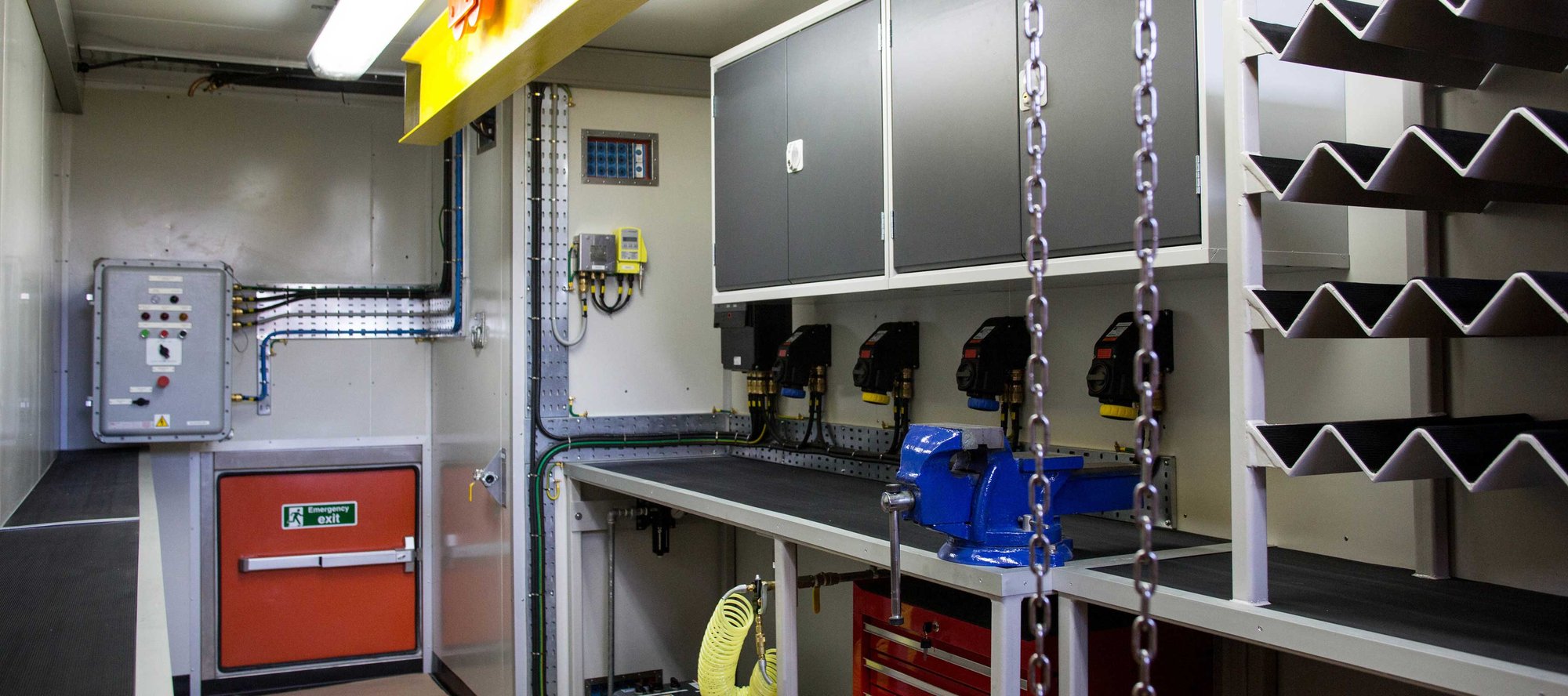 View inside an OEG custom workshop container.