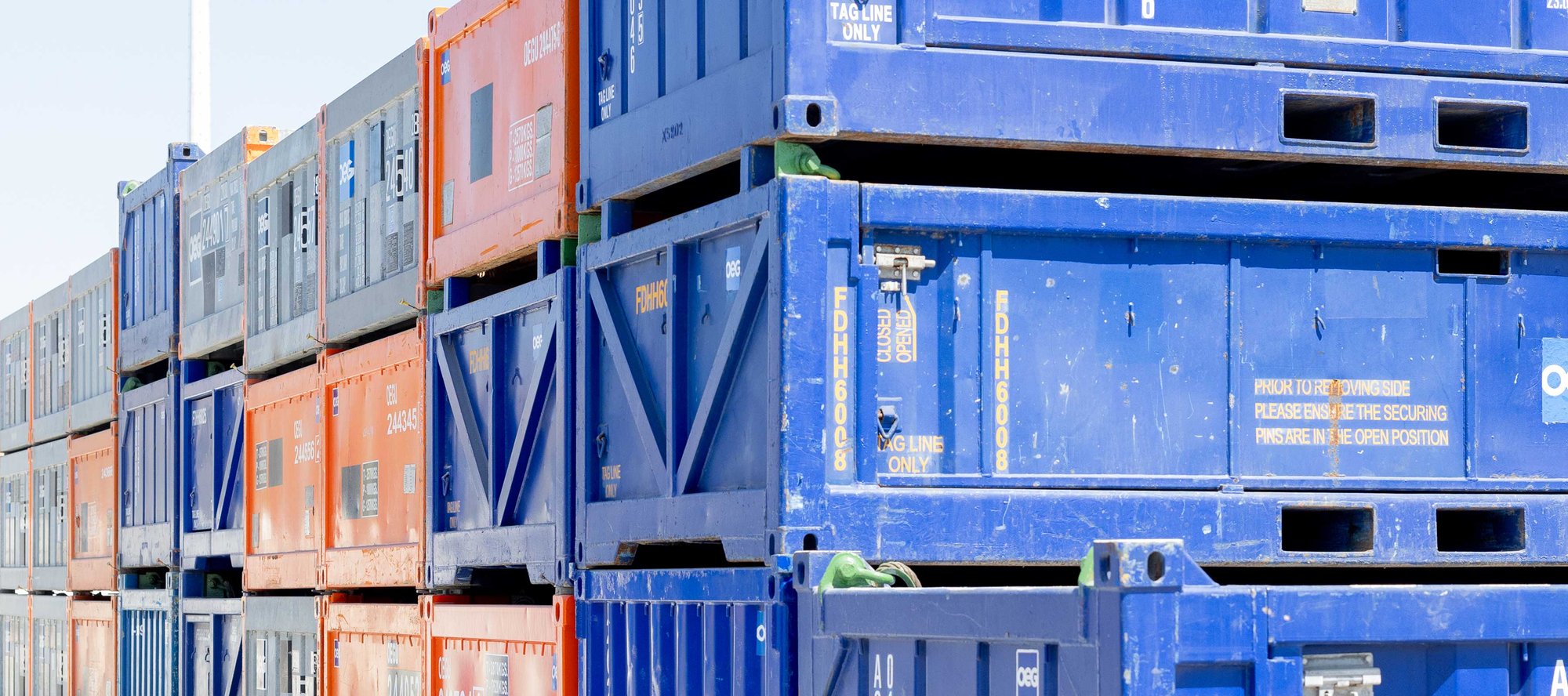 OEG DNV certified offshore baskets stacked in a yard